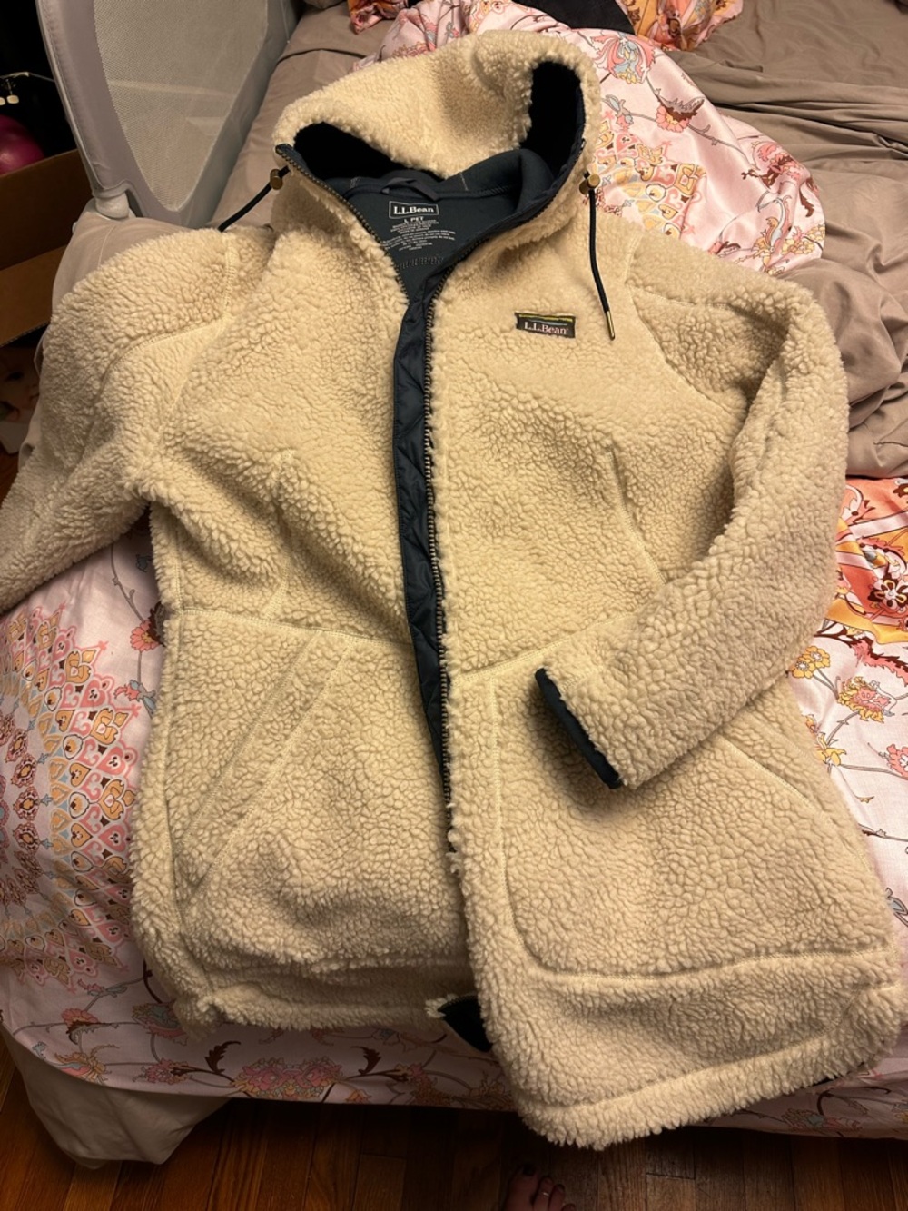 L.L.Bean Cream Sherpa Fleece Jacket with Black Trim